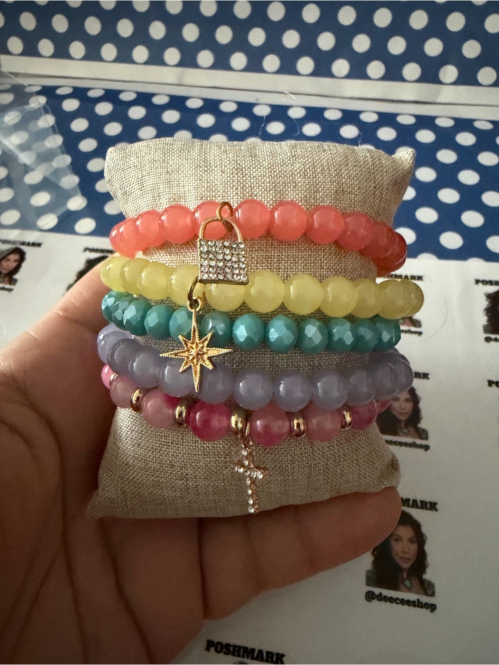 NIB Colorful Beaded Charm Bracelet Stack - Pink, Yellow, Teal, Lavender, Orange
